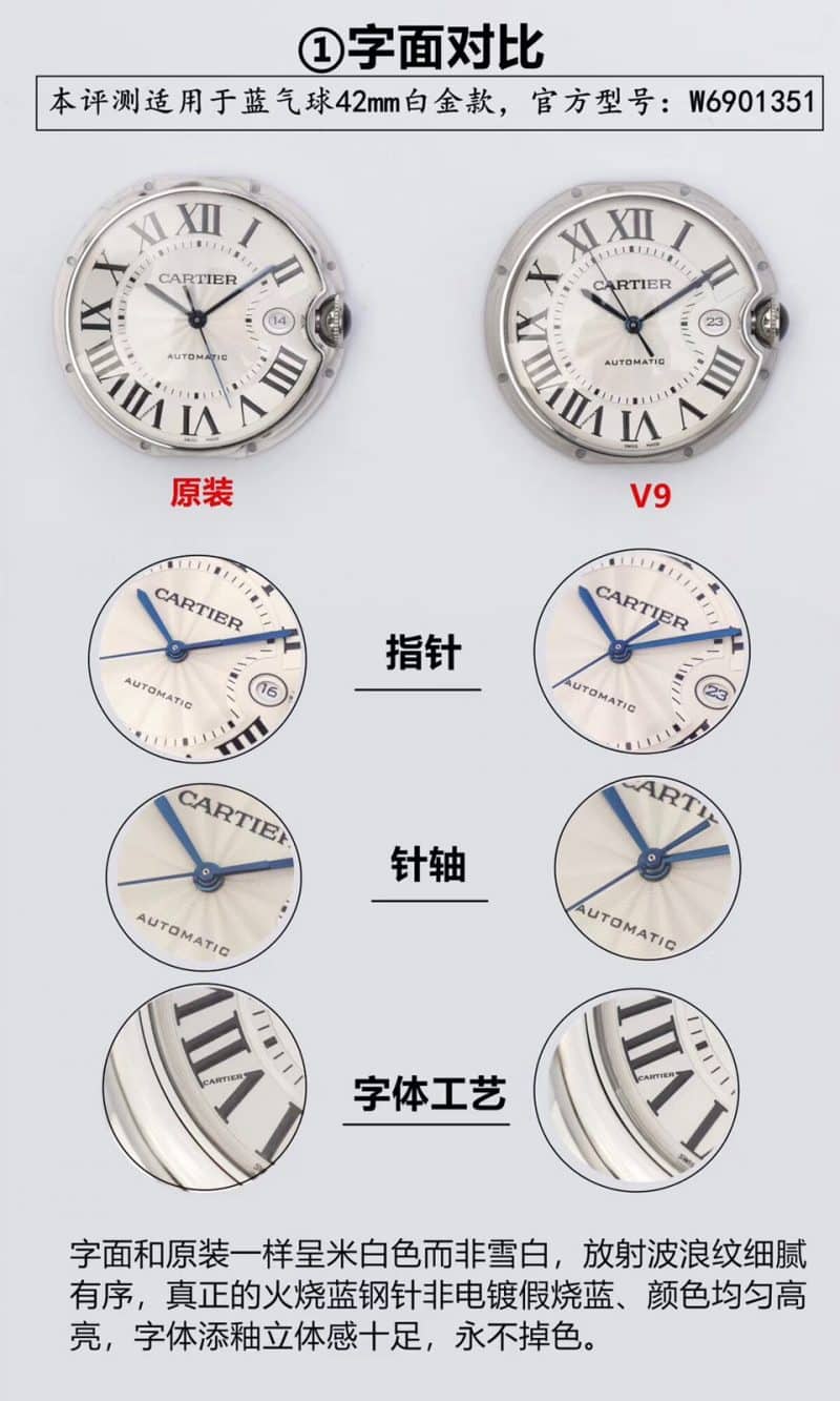 V9卡地亚蓝气球大号W69016Z4复刻表真假对比评测表盘图