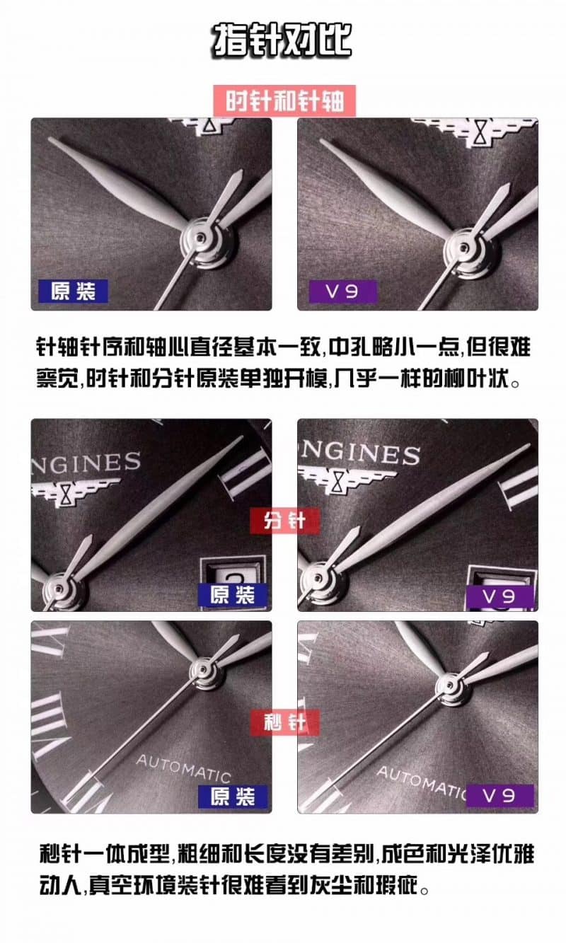 V9浪琴名匠系列L2.793.4.71.6复刻表真假对比指针细节图