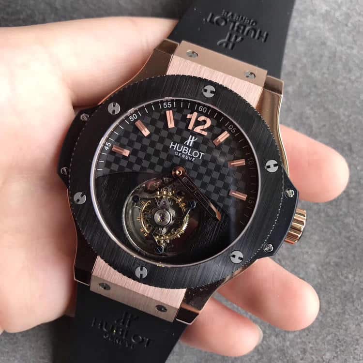 宇舶大爆炸BigBang陀飞轮玫瑰金黑盘正面图