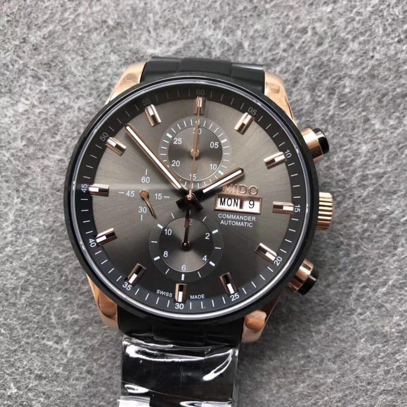 CHRONOGRAPHE COMMANDER HOMME boîtier noir avec disques or rose et gris