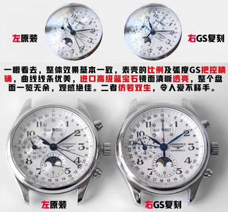 GS浪琴名匠八针月相L2.673.4.78.6复刻表真假对比评测表盘图