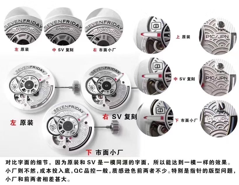 Sevenfriday- P系列 P1B/03 自动机械女表全球限量款真假对比字面细节图