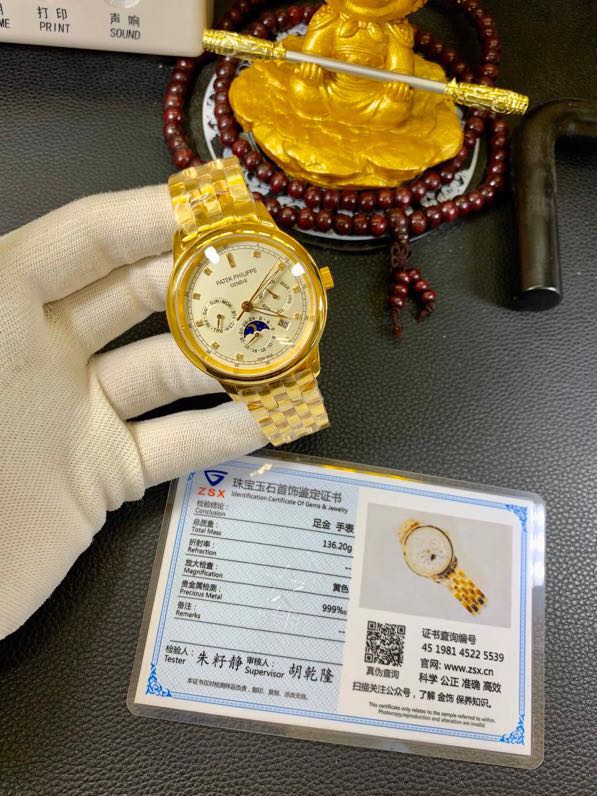 真金百达翡丽金表多功能全自动机械男士复刻表正面图