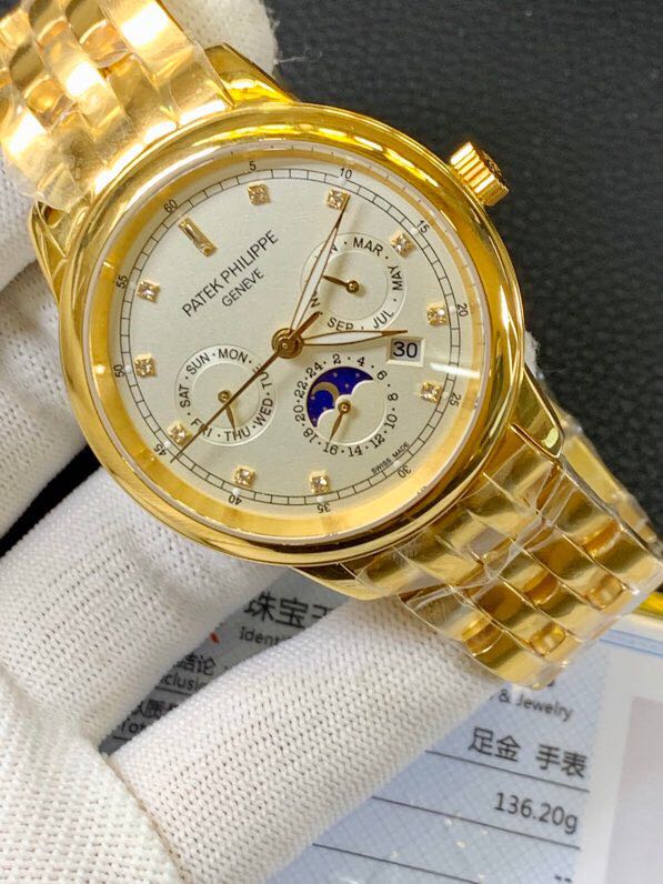 真金百达翡丽金表多功能全自动机械男士复刻表正面图