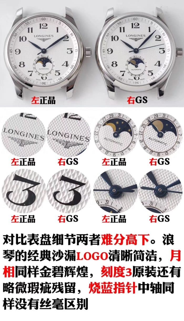浪琴名匠复刻表系列L2.909.4.78.3月相男士手表真假对比评测表盘细节图