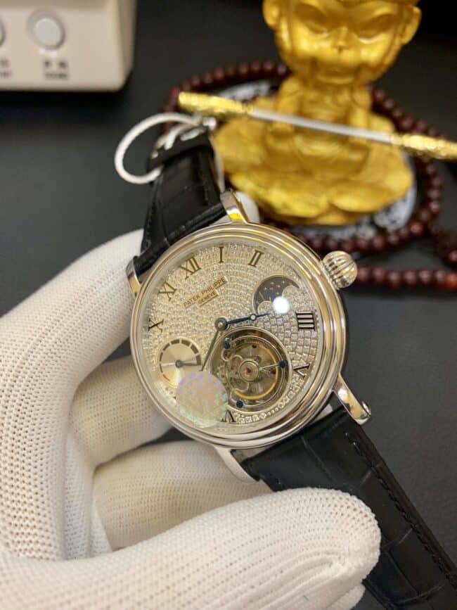 百达翡丽18K铂金表陀飞轮复刻表 真金真钻定制正面图