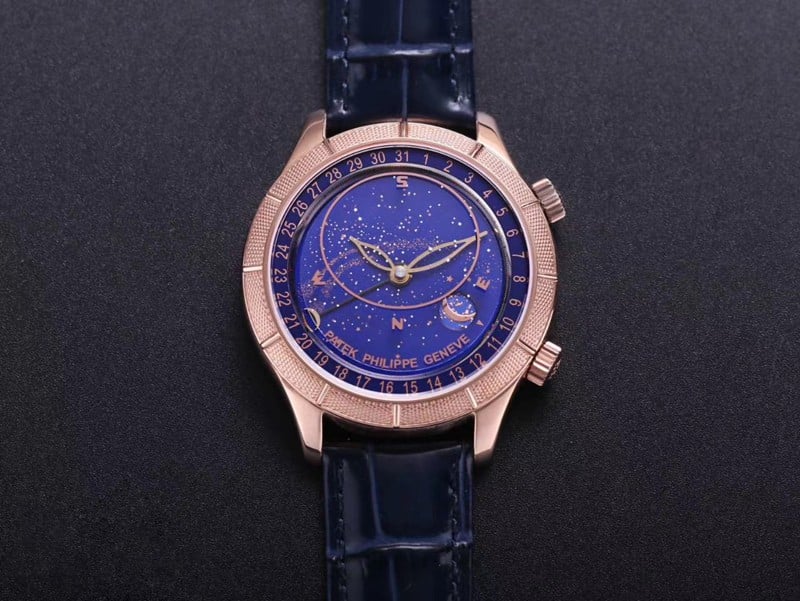 精仿百达翡丽手表复杂功能星空系列5106R/5102/6104玫瑰金蓝盘正面图