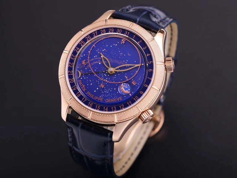 精仿百达翡丽手表复杂功能星空系列5106R/5102/6104玫瑰金蓝盘正面图