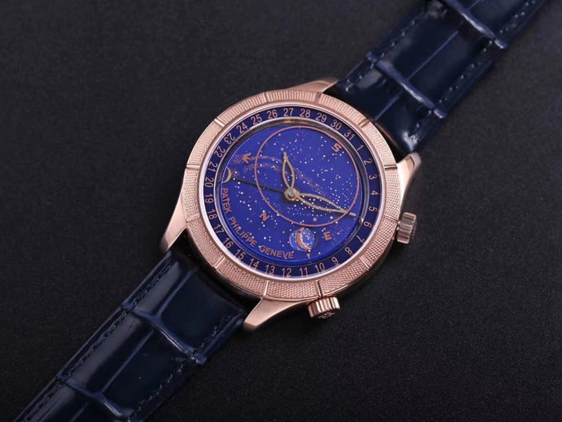 精仿百达翡丽手表复杂功能星空系列5106R/5102/6104玫瑰金蓝盘正面图