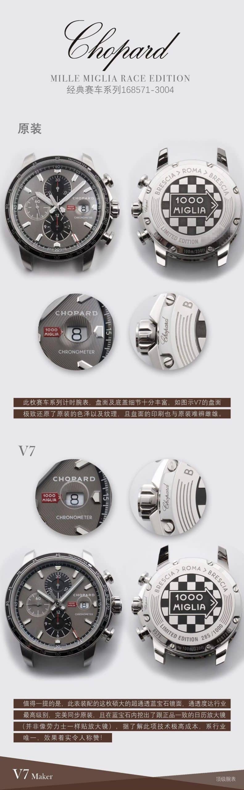 V7厂萧邦复刻手表赛车系列7750精品机芯真假对比评测底盖细节图