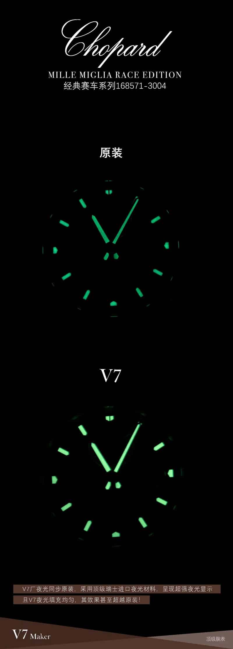 V7厂萧邦复刻手表赛车系列7750精品机芯真假对比评测夜光对比图