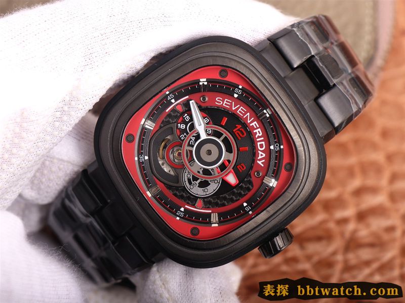 复刻手表七个星期五红黑配色引领潮流SEVENFRIDAY/自动机械男表瑞士钢带大表盘全黑色正面图