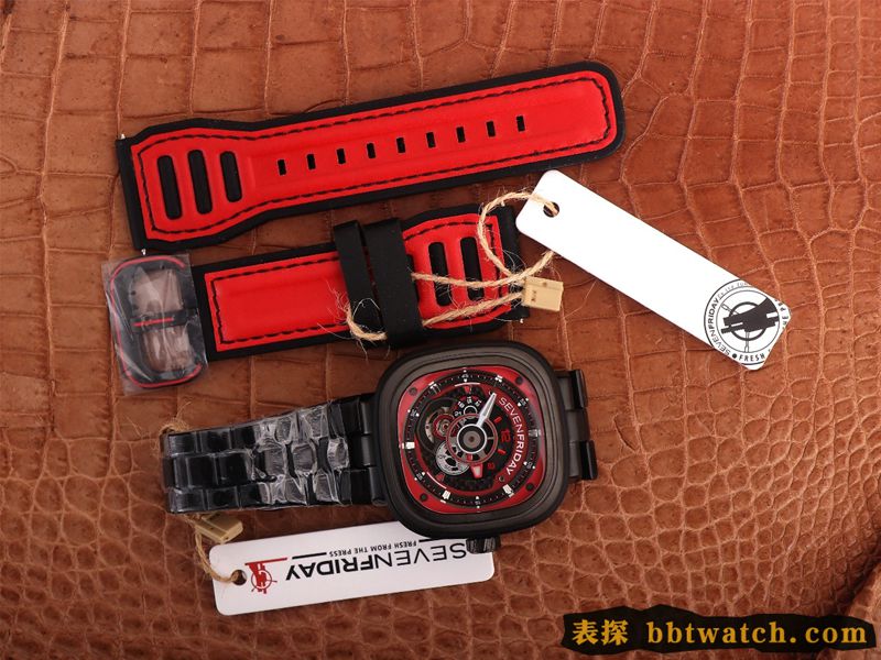 复刻手表七个星期五红黑配色引领潮流SEVENFRIDAY/自动机械男表瑞士钢带大表盘全黑色正面图