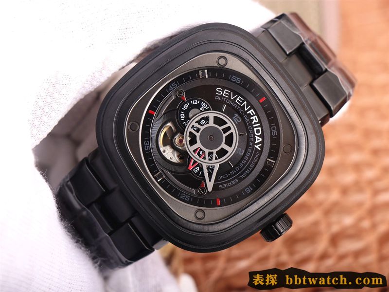 复刻手表七个星期五SEVENFRIDAY/自动机械男表瑞士钢带大表盘全黑色正面图