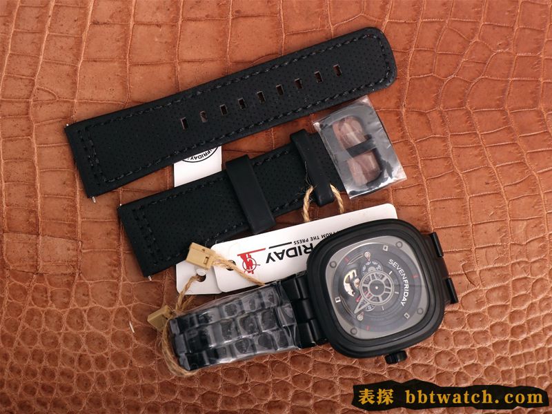 复刻手表七个星期五SEVENFRIDAY/自动机械男表瑞士钢带大表盘全黑色正面图
