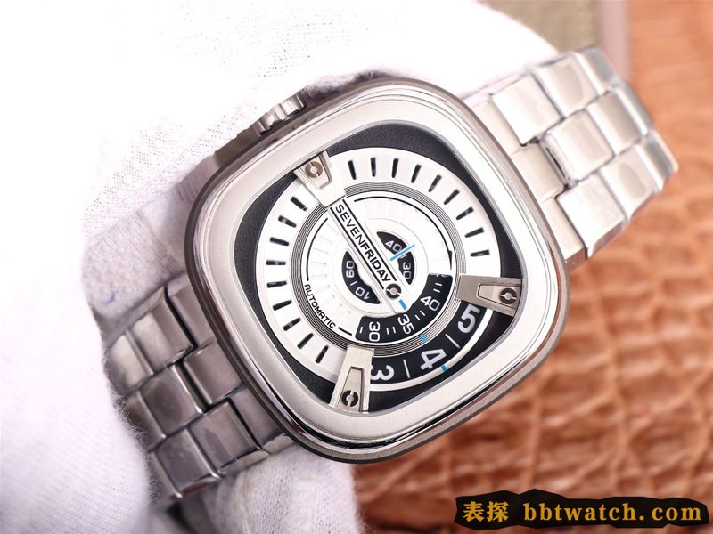 复刻手表七个星期五SEVENFRIDAY/自动机械男表瑞士钢带大表盘白色正面图
