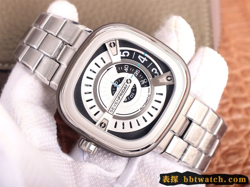 复刻手表七个星期五SEVENFRIDAY/自动机械男表瑞士钢带大表盘白色正面图