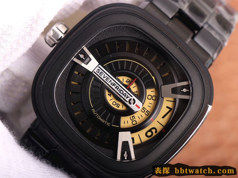 复刻手表七个星期五SEVENFRIDAY/自动机械男表瑞士钢带大表盘全黑色正面图