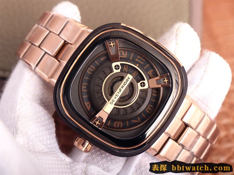 七个星期五复刻手表SEVENFRIDAY/自动机械男表瑞士钢带大表盘玫瑰金色正面图