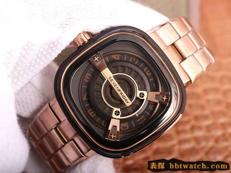 七个星期五复刻手表SEVENFRIDAY/自动机械男表瑞士钢带大表盘玫瑰金色正面图