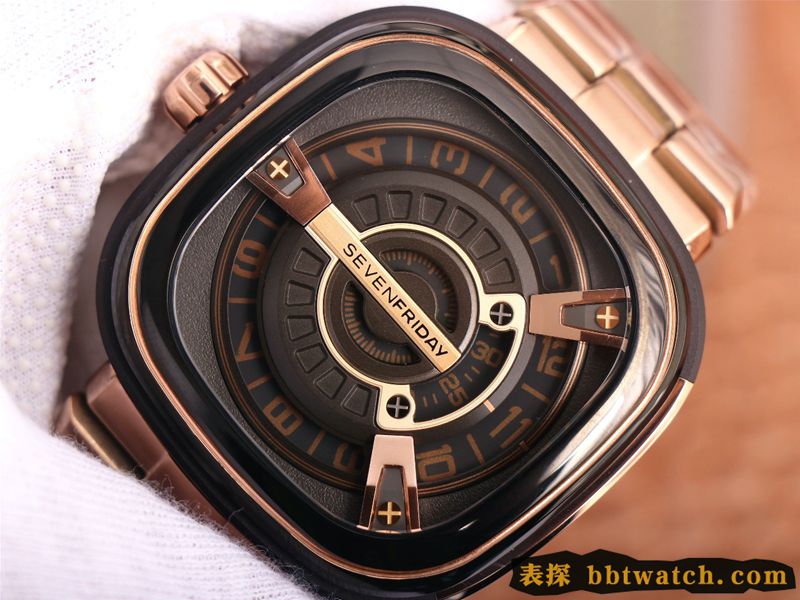 七个星期五复刻手表SEVENFRIDAY/自动机械男表瑞士钢带大表盘玫瑰金色正面图