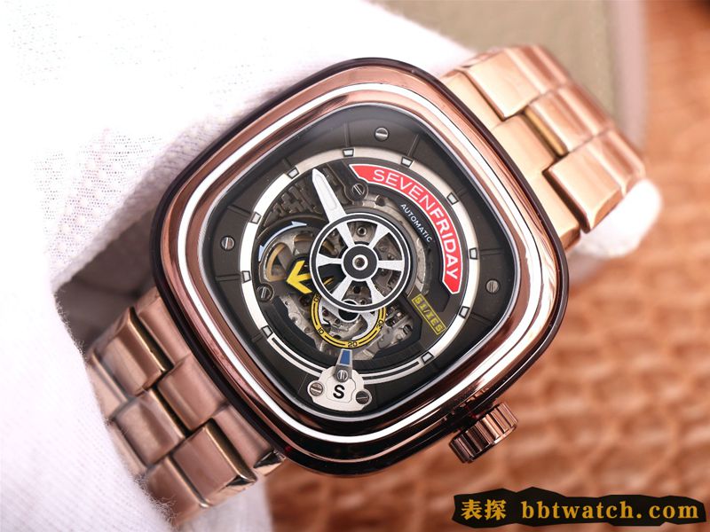 七个星期五复刻手表玫瑰金黑盘SEVENFRIDAY/自动机械男表瑞士钢带大表盘镂空正面图