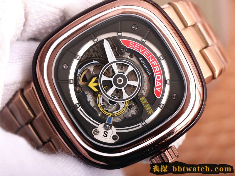 七个星期五复刻手表玫瑰金黑盘SEVENFRIDAY/自动机械男表瑞士钢带大表盘镂空正面图