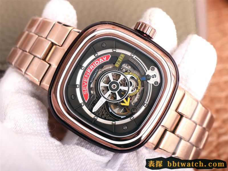 七个星期五复刻手表玫瑰金黑盘SEVENFRIDAY/自动机械男表瑞士钢带大表盘镂空正面图