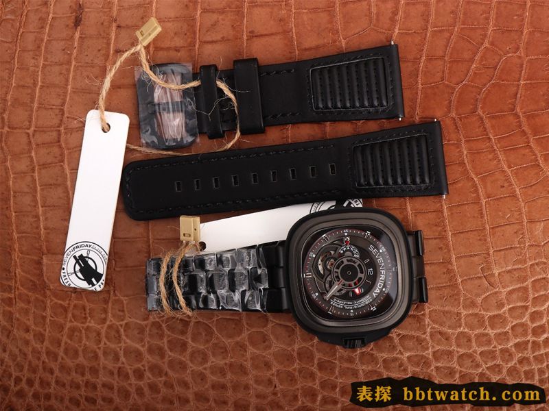 七个星期五复刻手表全黑超酷镂空SEVENFRIDAY/自动机械时尚男表瑞士钢带大表盘正面图