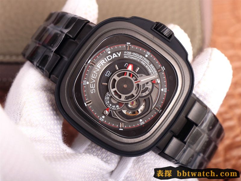 七个星期五复刻手表全黑超酷镂空SEVENFRIDAY/自动机械时尚男表瑞士钢带大表盘正面图