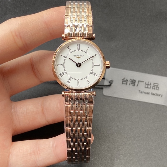 顶级复刻手表浪琴情侣对表白盘金带嘉岚系列石英腕表正面图