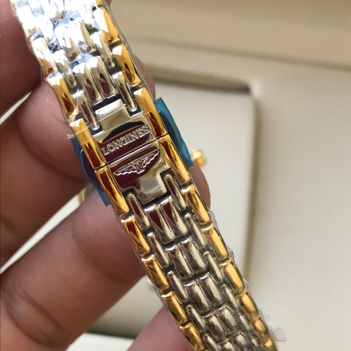 原单顶级复刻手表浪琴女款白盘金带时尚系列机械钢带腕表表扣图