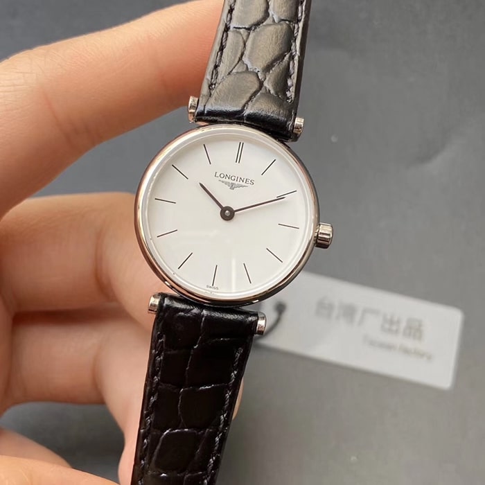 顶级复刻手表浪琴情侣对表白盘黑带嘉岚系列简约石英皮带腕表正面图