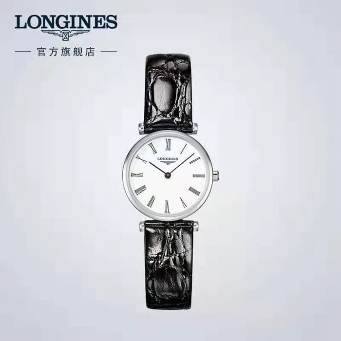顶级复刻手表浪琴情侣对表白盘黑带超薄嘉岚系列皮带腕表正面图