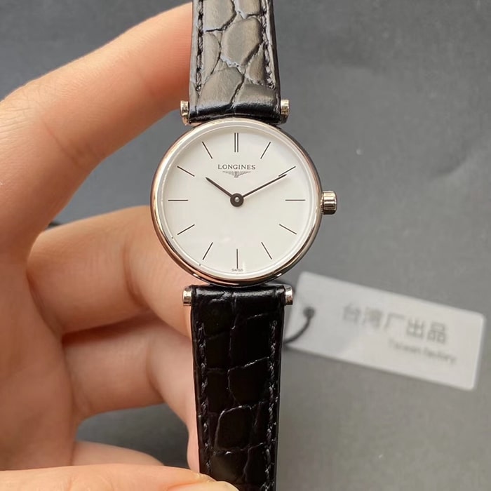 顶级复刻手表浪琴情侣对表白盘黑带嘉岚系列简约石英皮带腕表正面图