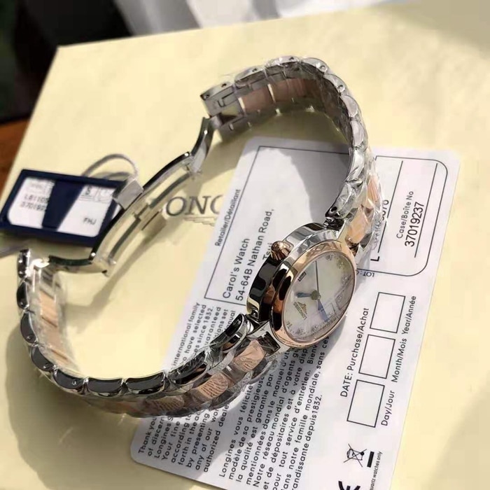 原单顶级复刻手表浪琴 女款白盘钢带心月系列时尚石英腕表侧面图