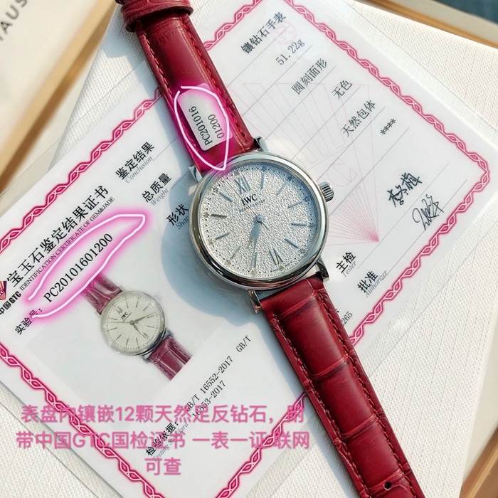 顶级复刻手表万国 女款白盘柏涛菲诺自动机械皮带腕表正面图