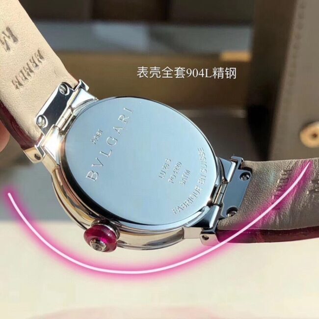 顶级复刻手表宝格丽女款粉盘红带LVCEA系列皮带腕表后盖图