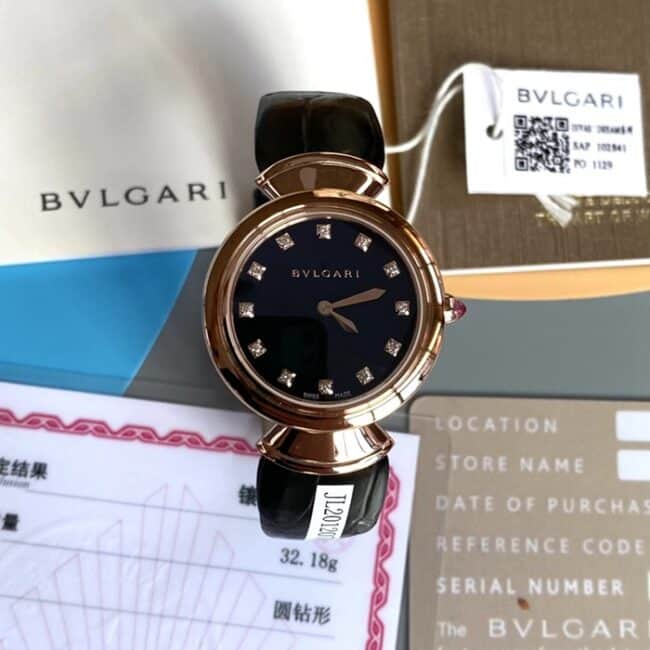 顶级复刻手表宝格丽女款黑盘黑带皮带腕表正面图
