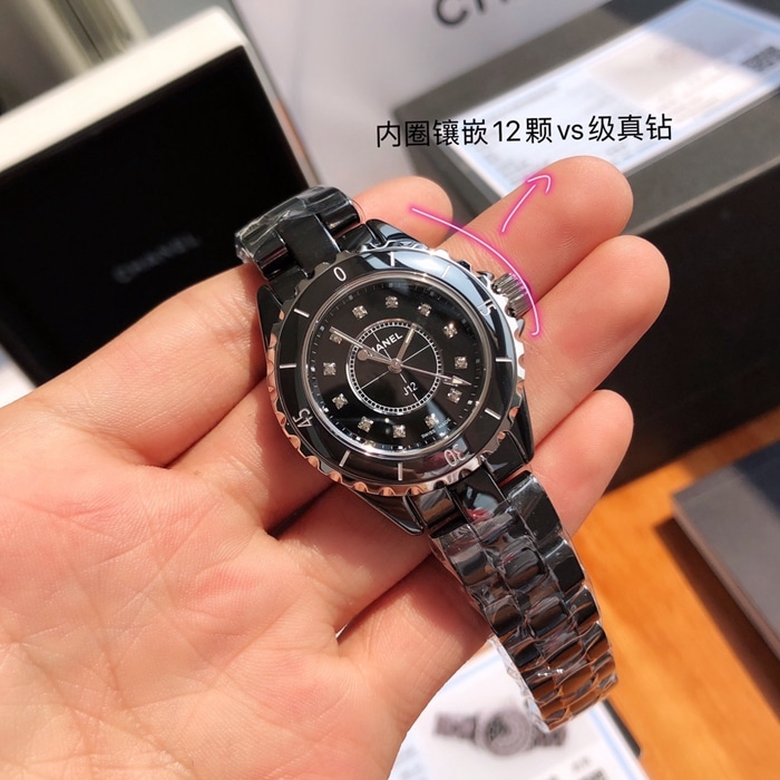 原单顶级复刻手表香奈儿女款黑盘钢带J12系列腕表正面图