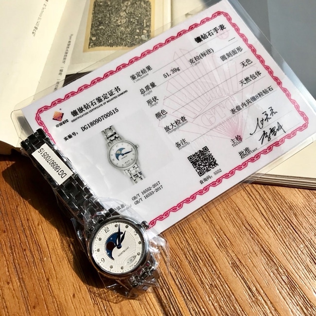 顶级复刻原单手表万宝龙女款白盘钢带宝曦系列真金真钻石英手表正面图