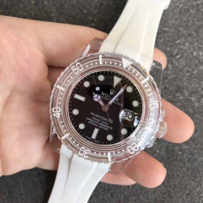 顶级复刻劳力士男款黑盘橡胶带联名力作水晶系列机械手表正面图