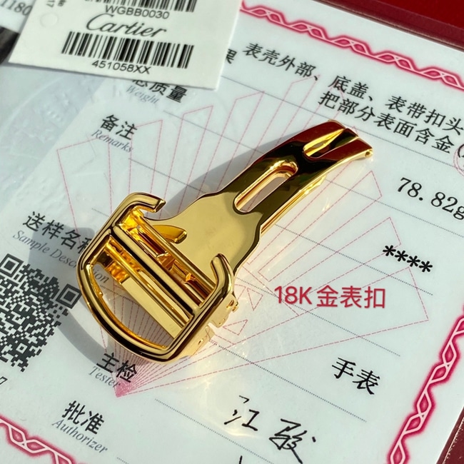 顶级复刻原单手表卡地亚男款白盘棕带蓝气球系列18k玫瑰金自动机械皮带手表表扣图