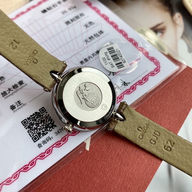 顶级复刻原单手表欧米茄女款白盘棕带蝶飞系列真金真钻石英手表底盖图