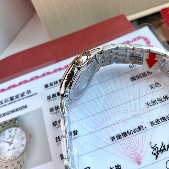 顶级复刻原单手表欧米茄女款白盘真金真钻蝶飞系列石英手表侧面图