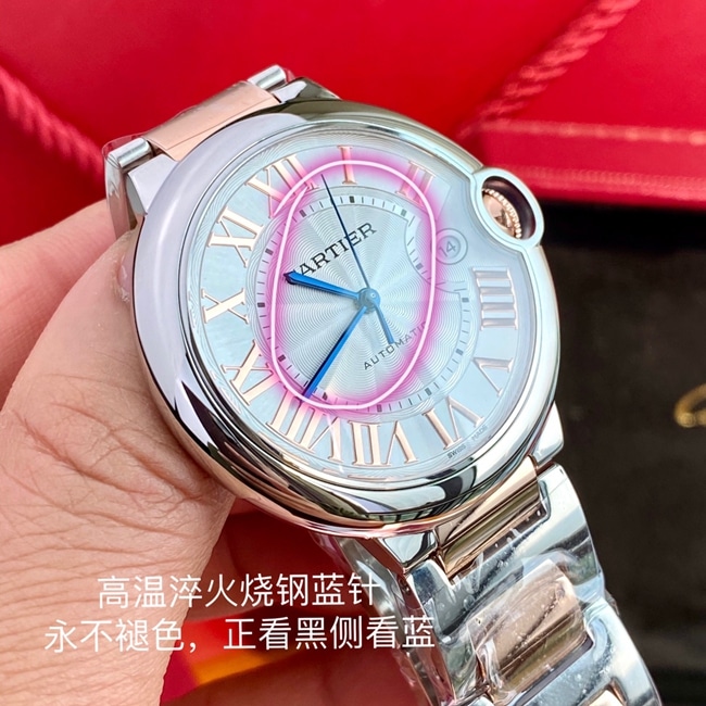 顶级复刻手表卡地亚男款白盘钢带42mm全自动机械蓝气球系列手表正面图