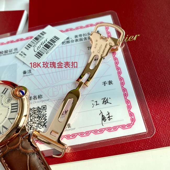 顶级复刻原单手表卡地亚男款白盘棕带18k玫瑰金自动机械皮带42mm蓝气球系列手表表扣图