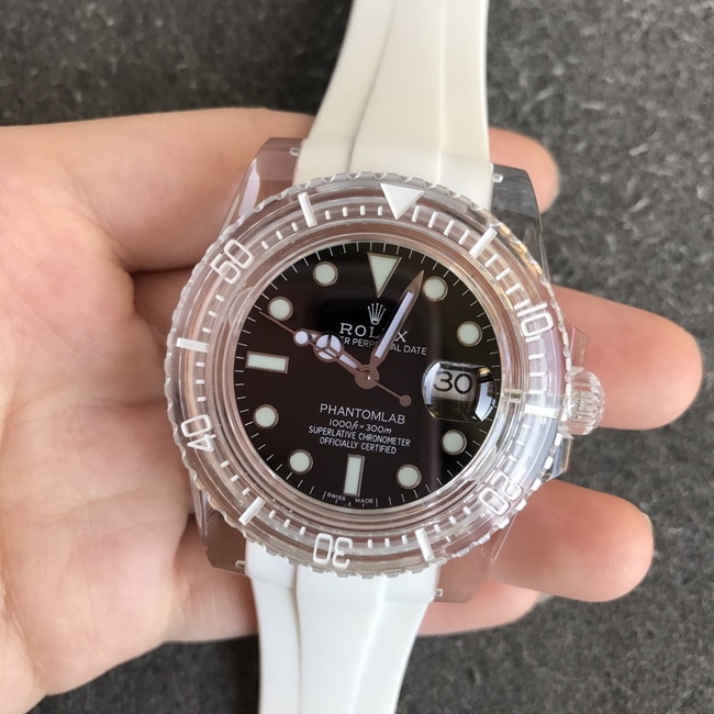 顶级复刻劳力士男款黑盘橡胶带联名力作水晶系列机械手表正面图