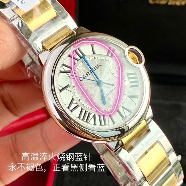原单手表卡地亚男款白盘间金带42mm自动机械蓝气球系列手表正面图