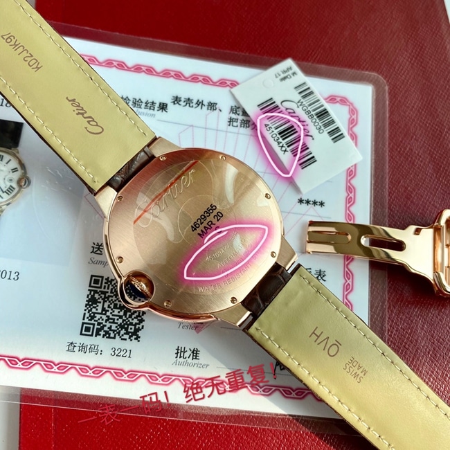 顶级复刻原单手表卡地亚男款白盘棕带18k玫瑰金自动机械皮带42mm蓝气球系列手表底盖图